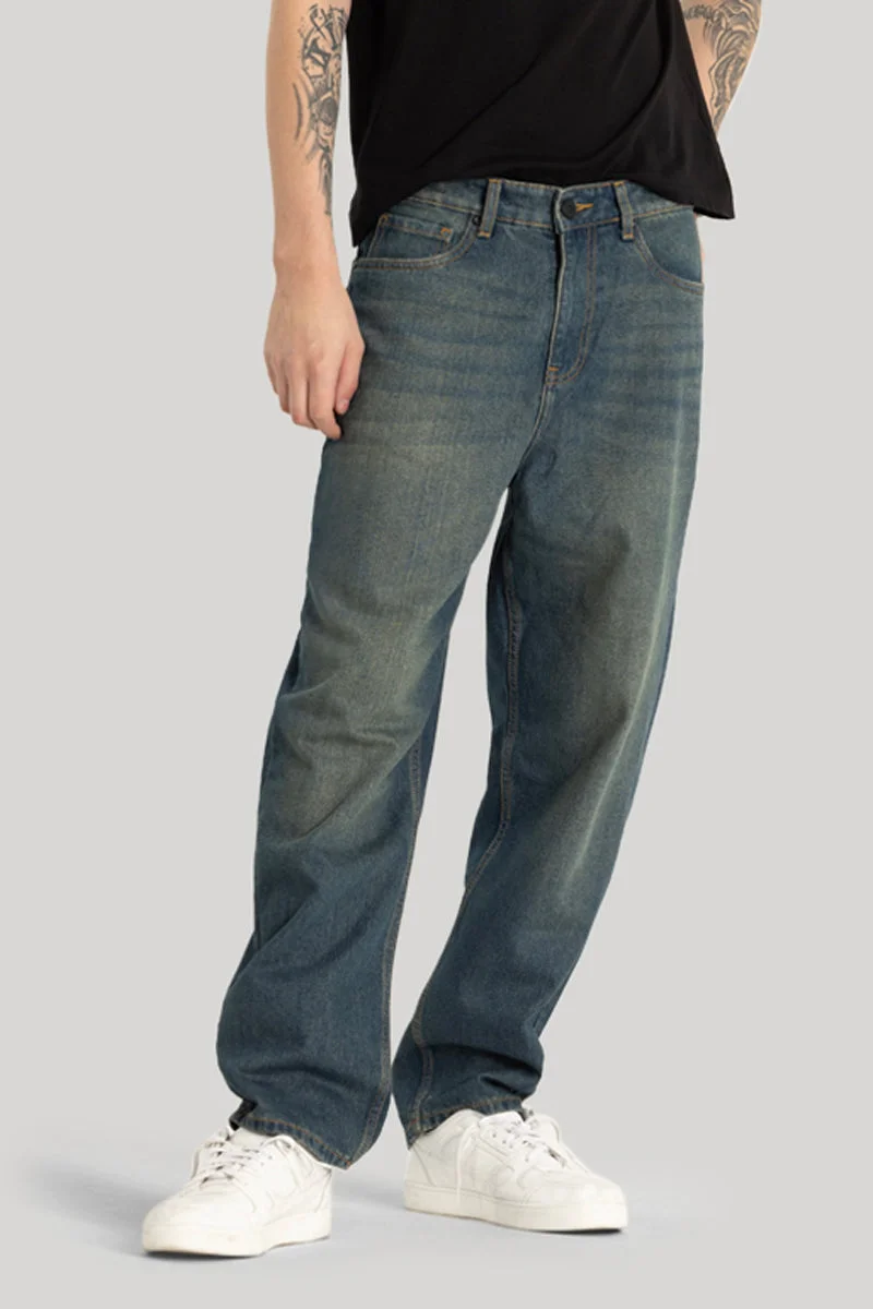 سنيتش Washed Blue Plain Loose Fit Jeans